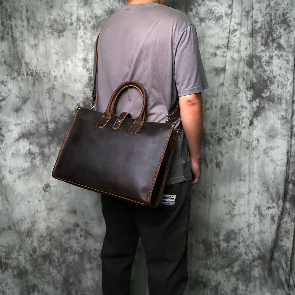 NZPJ Vintage Genuine Leather Men's Briefcase Natural Cowhide Handbag Crazy Horse Leather Computer Bag Casual Crossbody