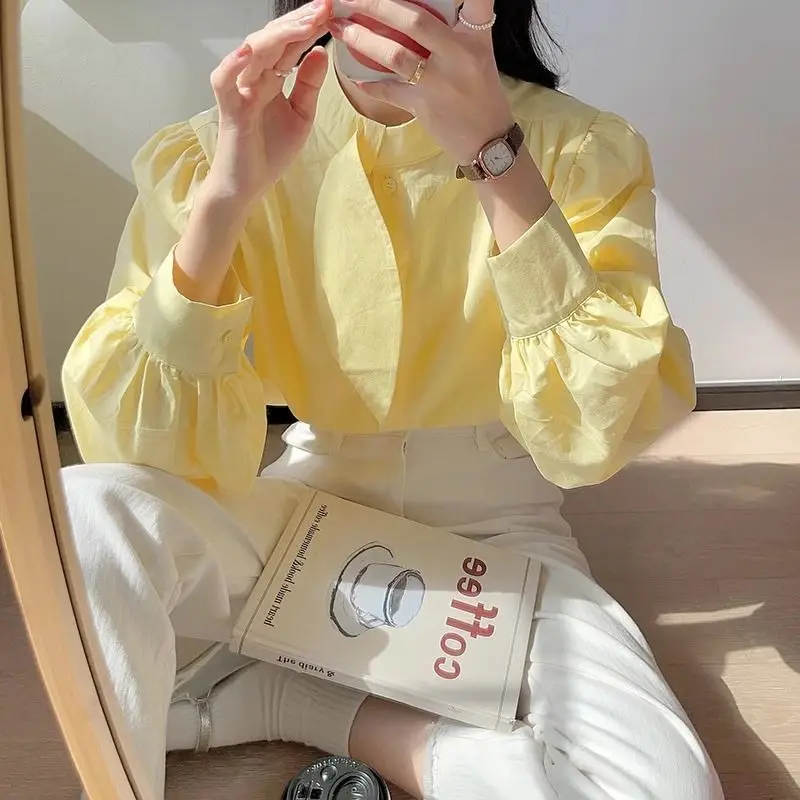 

Pure Cotton Milk Yellow Long Sleeved Shirt Female Fashion Solid Color Spring Puff Sleeve Solid Color Thin Style All-match Tops