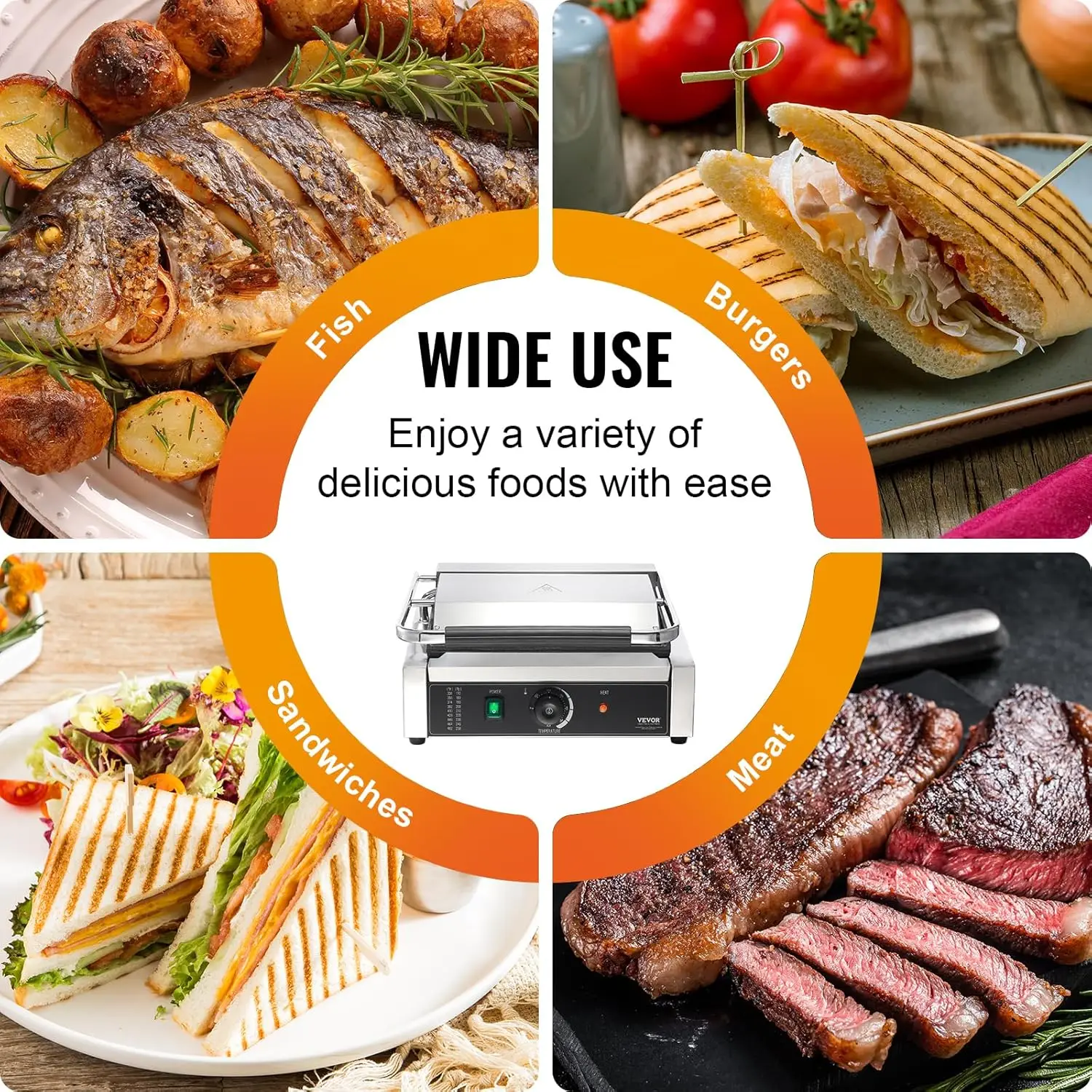 Commercial Grill, 1800W Electric Sandwich Maker, Stainless Steel Sandwich Press, Grill with Temp Cont 6