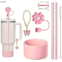 6-Piece Reusable Tumbler Enhancement and Protection Set with Bow Straw Covers and Charm Chains (Pink)