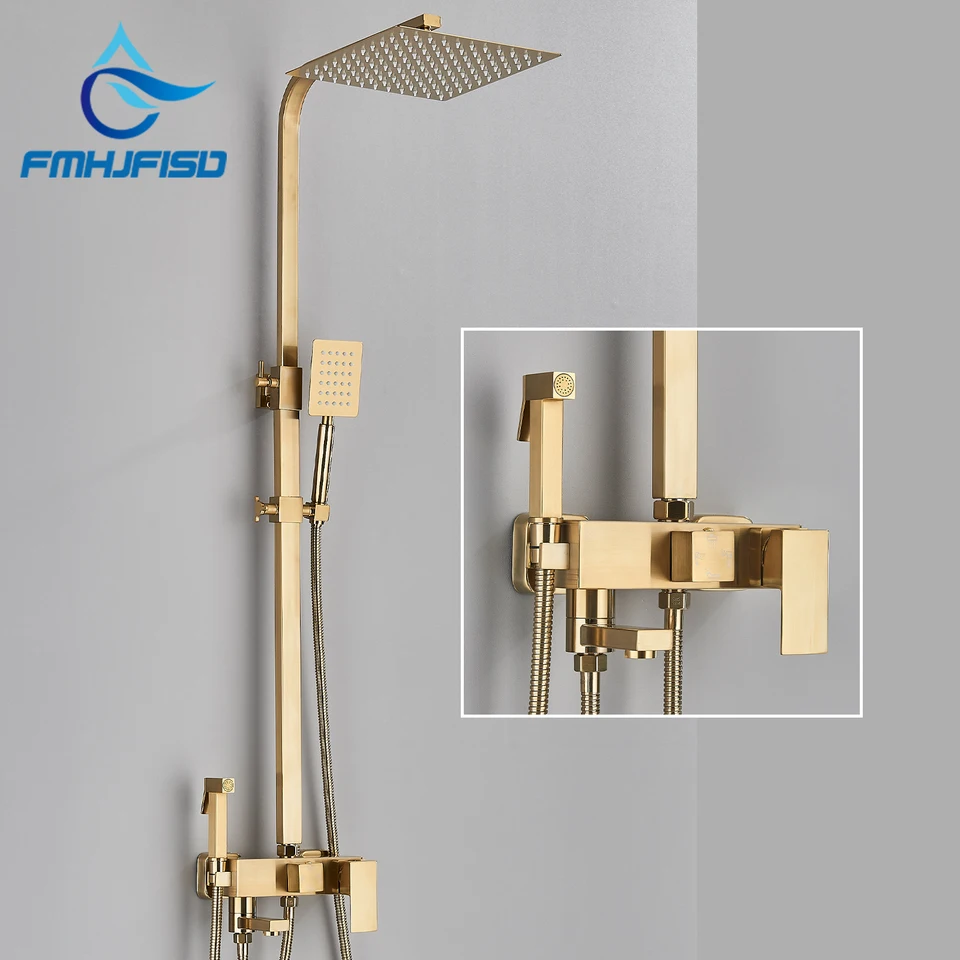 Duscharmatur-Set Gebürstetes Gold – Mit Regenduschkopf, 5 Sprühmodi, 2,5 GPM, Für Badewanne & Dusche