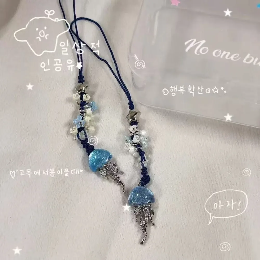 바다 해파리 꽃 비즈 휴대폰 스트랩 참 블루 플라워 크리스탈 펜던트 키체인 폰 체인 가방 장식 선물