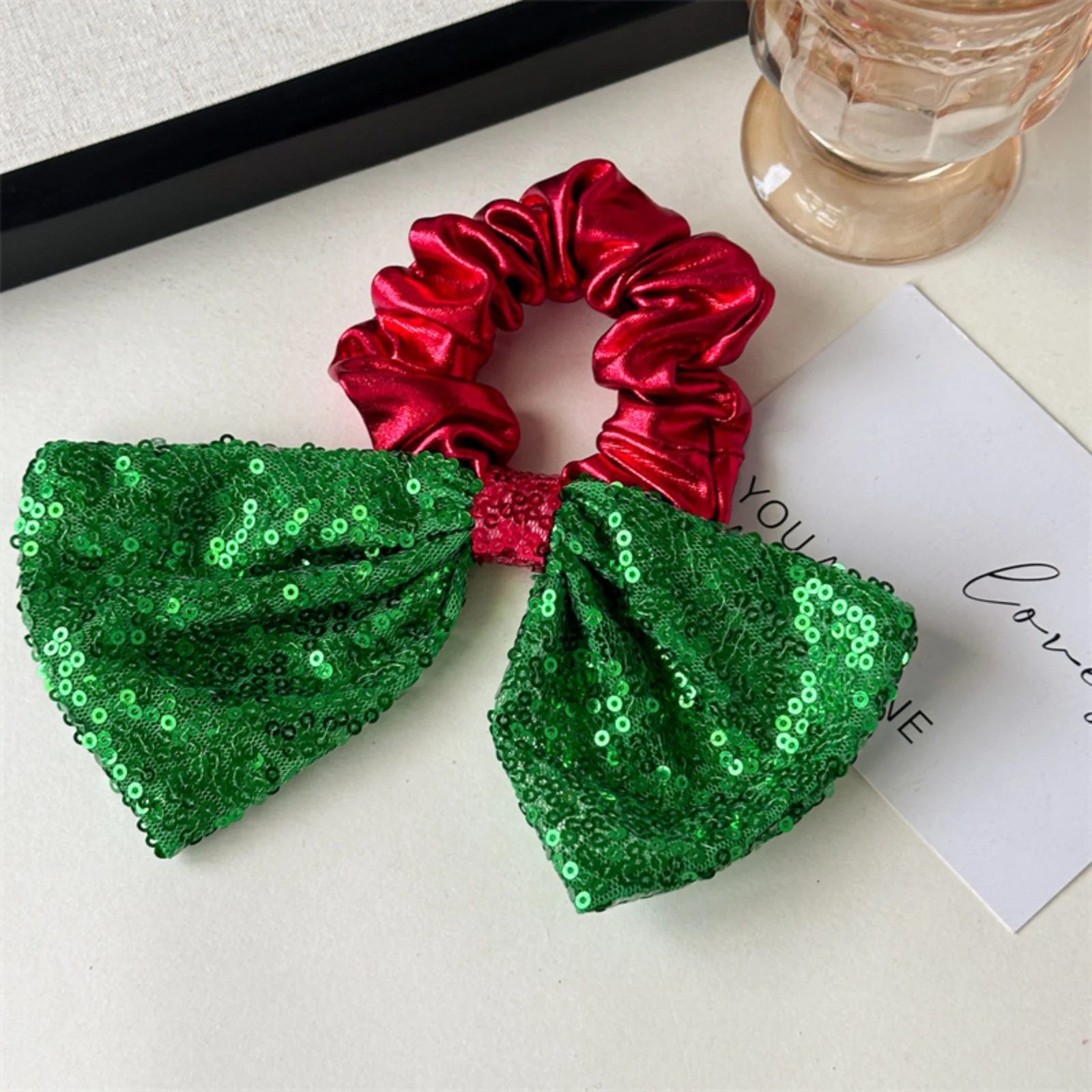 1PC Christmas Sequin Bow Scrunchies | Festive Red Green Hair Ties, Shiny Sequin Bows Hair Accessories for Women