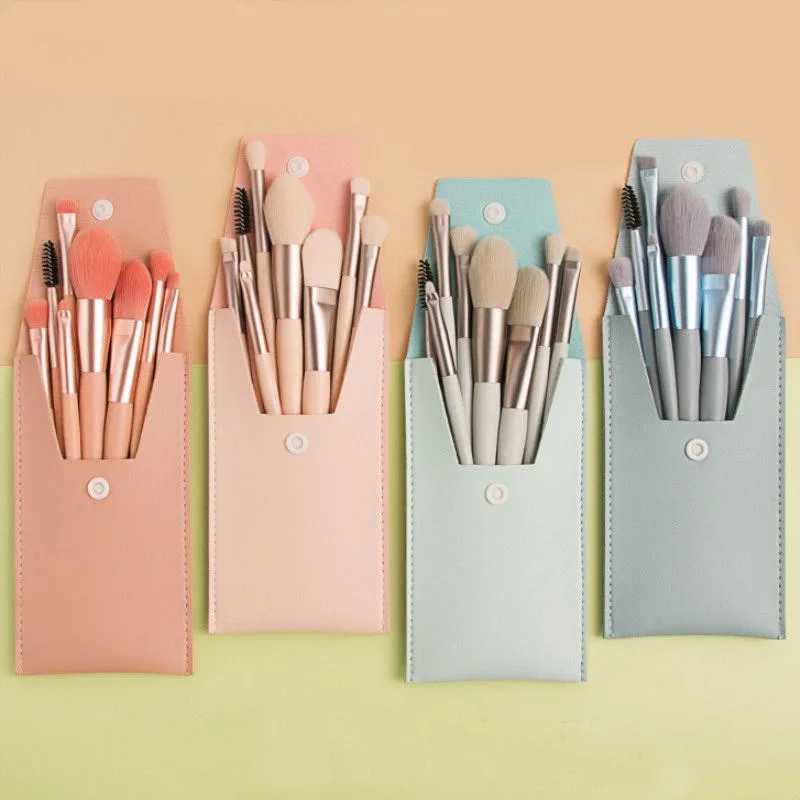 Mini brush 8-piece makeup bag portable concealer powder brush set soft fur make-up tool green snap bag