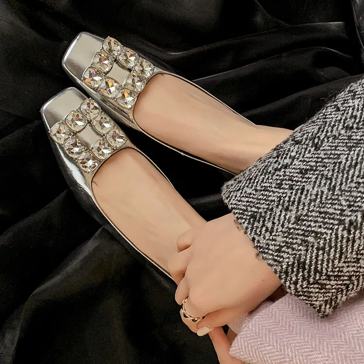 

Silver Leather Women Shallow Flats Square Toe Rhinestone Buckle Espadrilles Black Slip On Spring Prom Moccasins Femininos Zapato