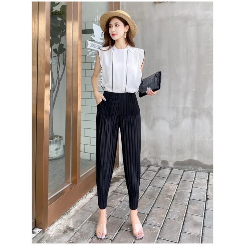 18 Color Spring High Elastic Waist Trousers Women's Pleated Harem Pants Casual Loose Pockets Fold Solid Color Pants