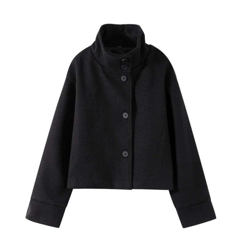Elegant Stand Collar Woolen Jacket For Women Y2K Single Breasted