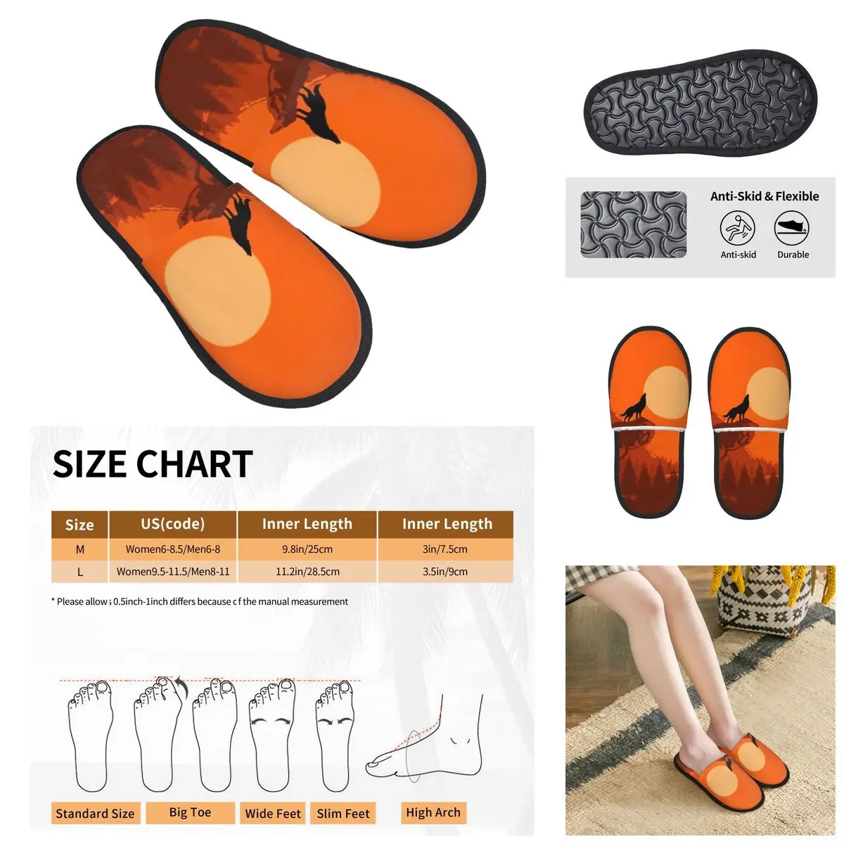 3D printing Men Women Furry Indoor slippers,Wolf Red Moon Setting Sun nice-looking special Anti-skid Slippers
