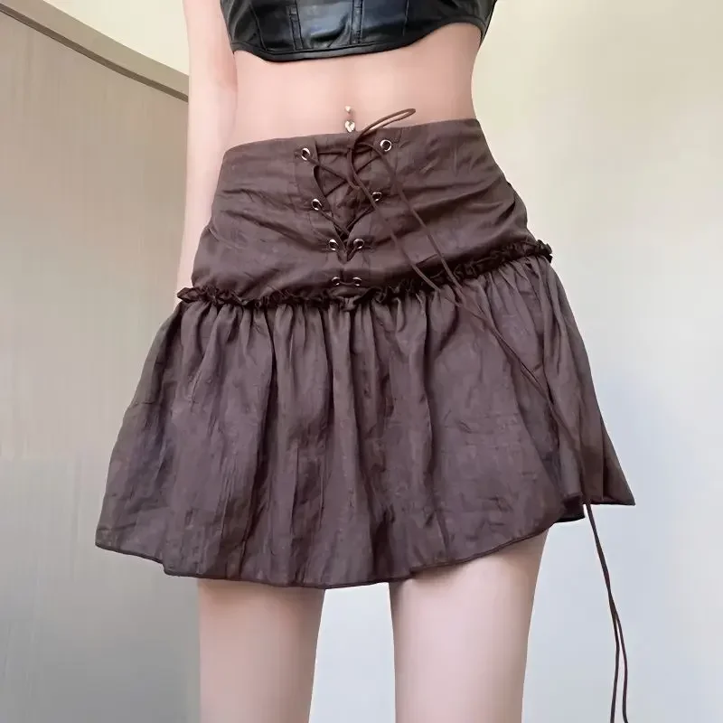

Retro American Pleated Straps Solid Color Half-body Skirt Female High Waist A Word Small Sexy Wooden Ear Edge Y2k Pleated Skirt