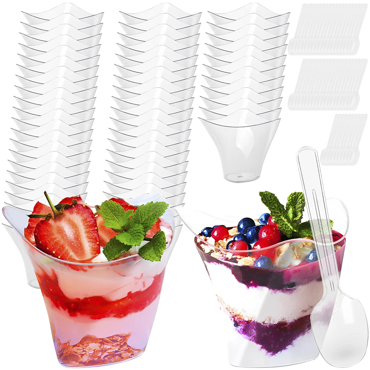 Food Storage Containers 50 Pcs Dessert Cups with 50 Spoons Clear 3.38oz/100ml Mini Reusable Dessert Pots Clear Plastic Parfait Appetizer Cup Mousse