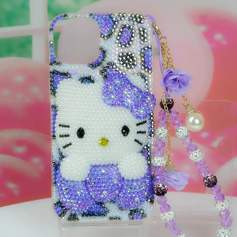 Handmade Sanrio for iPhone 15 Pro Max 11 12 Mini Jewelled 13 Anime 14 plus Phone Case Diamond Leopard Print Cute Hello Kitty