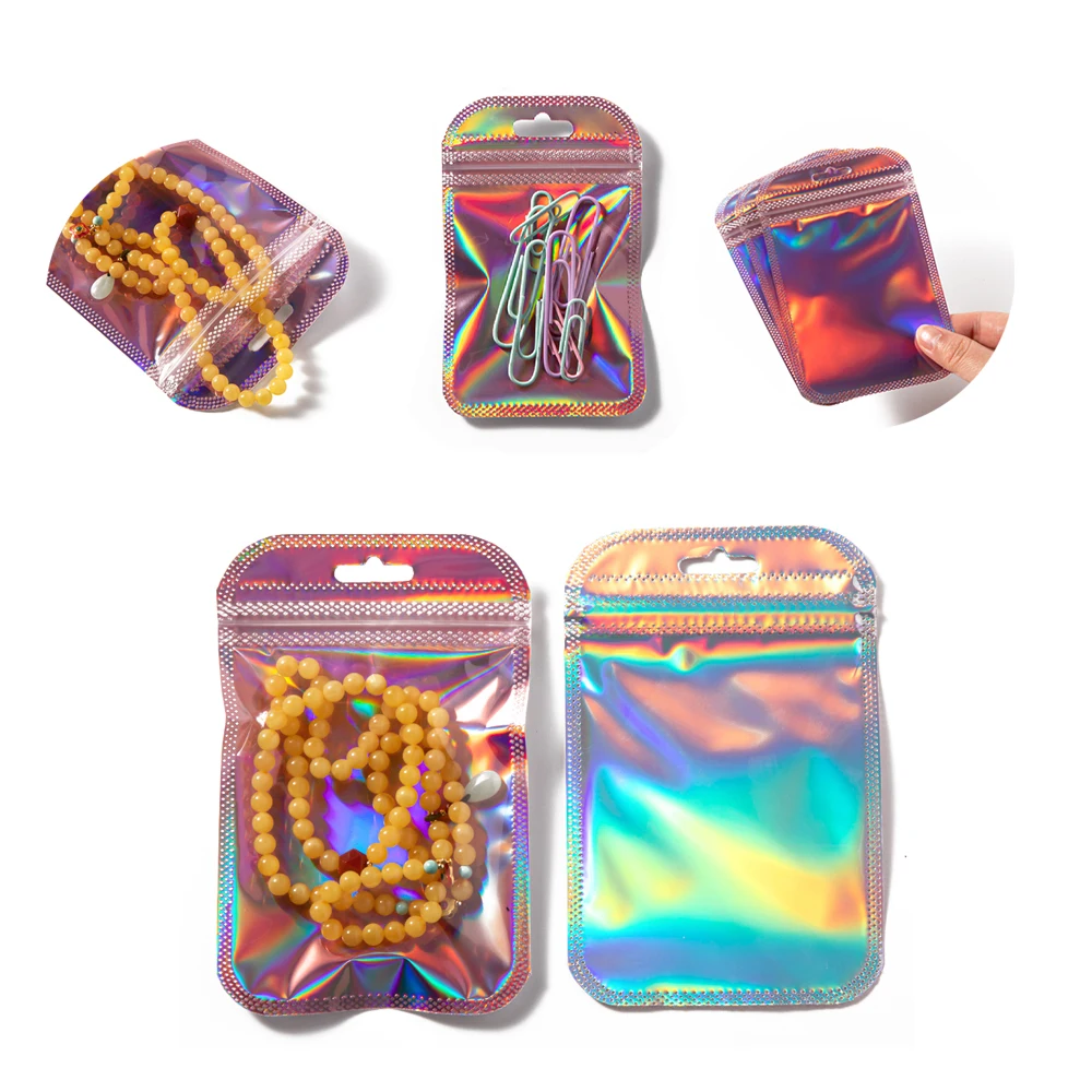 50 stücke Rosa Laser Druckverschlussbeutel Holographische Selbstdichtende Beutel Für Ohrring Display Schmuck Geschenk Verpackung Kleine Unternehmen Liefert – Detail 1