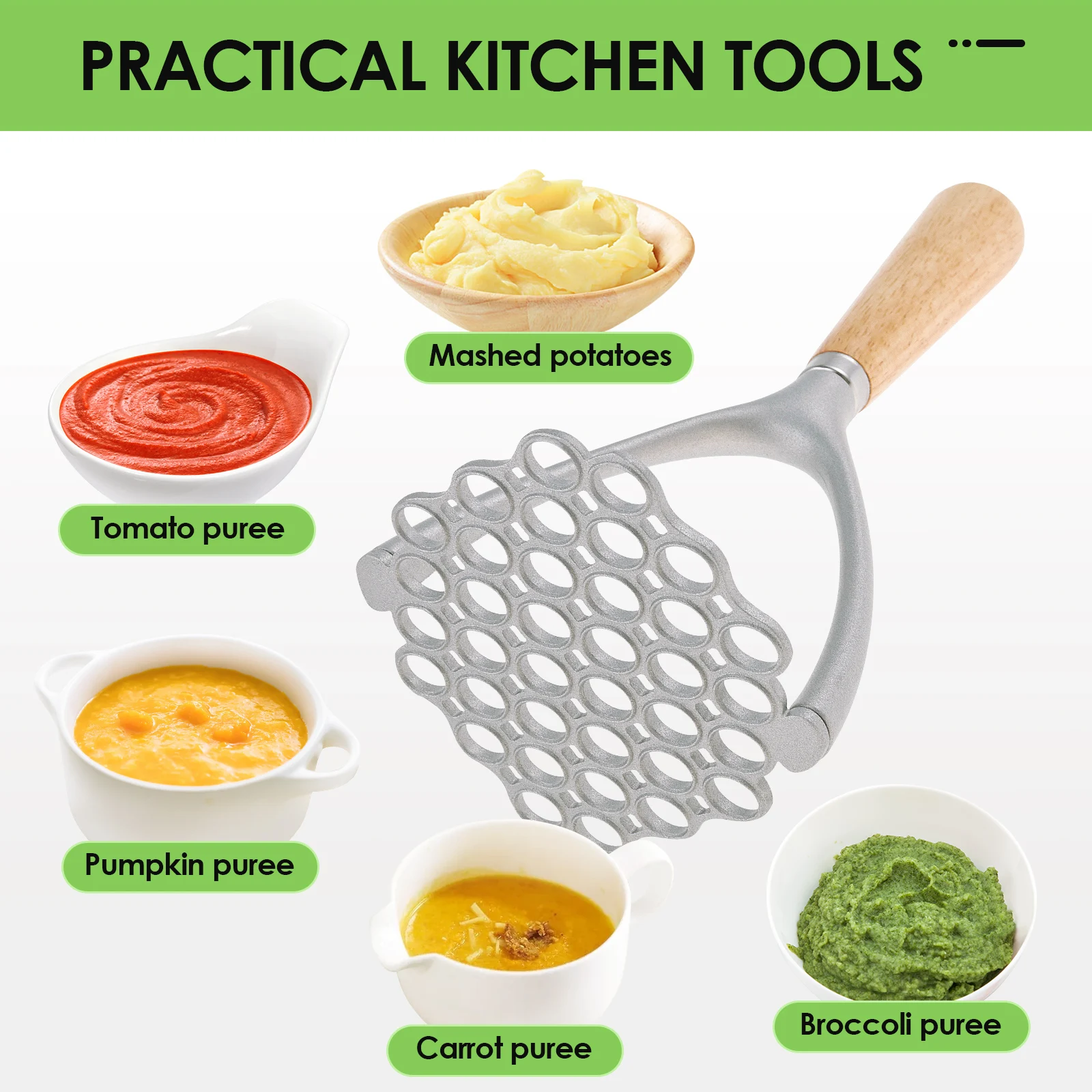 Potato Masher, Food & Vegetable Ricer, Food Crusher for Mashed Potatoes, Jam, Vegetables or Fruit, Non-Stick Mashing Utensil