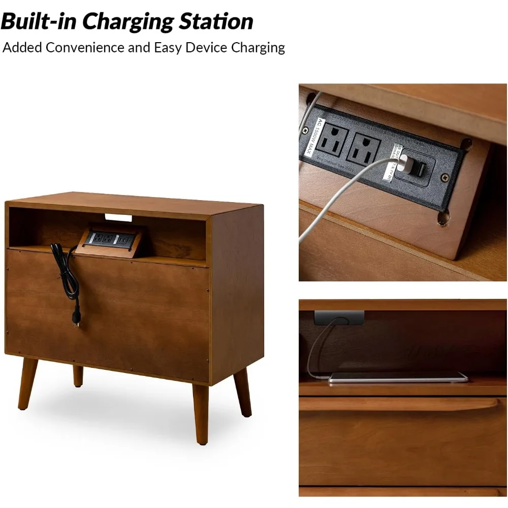 Nightstand with Charging Station, Set of 2 Mid-Century 2 Drawer and Open Shelf Dresser for Bedroom, Fluted Bedside Table 4