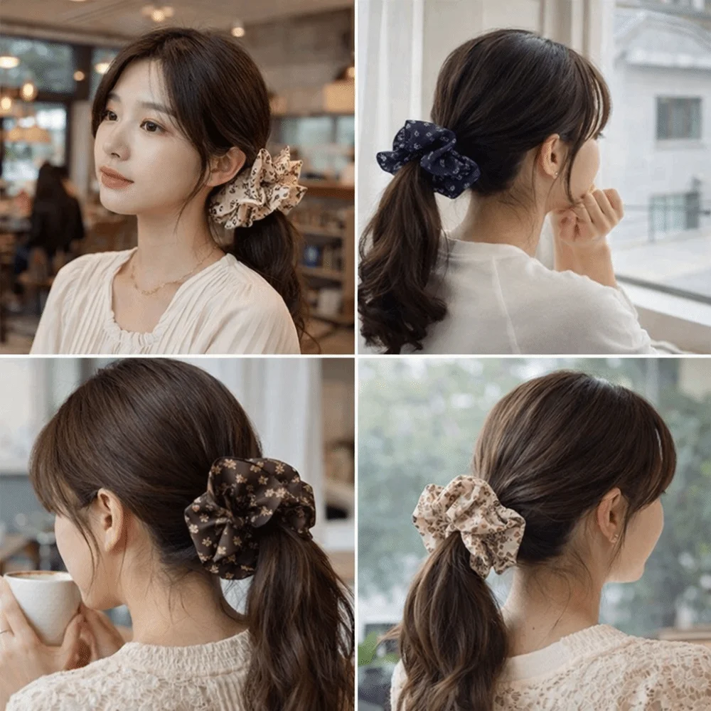 Vintage Blumenmuster Große Satin-Scrunchies Elastische Braune Scrunchie Haargummis Chiffon Haaraccessoires Haarbänder Stirnbänder für den Täglichen Gebrauch – Detail 9
