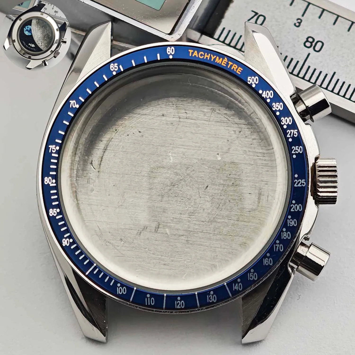 Men's 39.7mm Stainless Steel Watch Case with Moon Back Cover