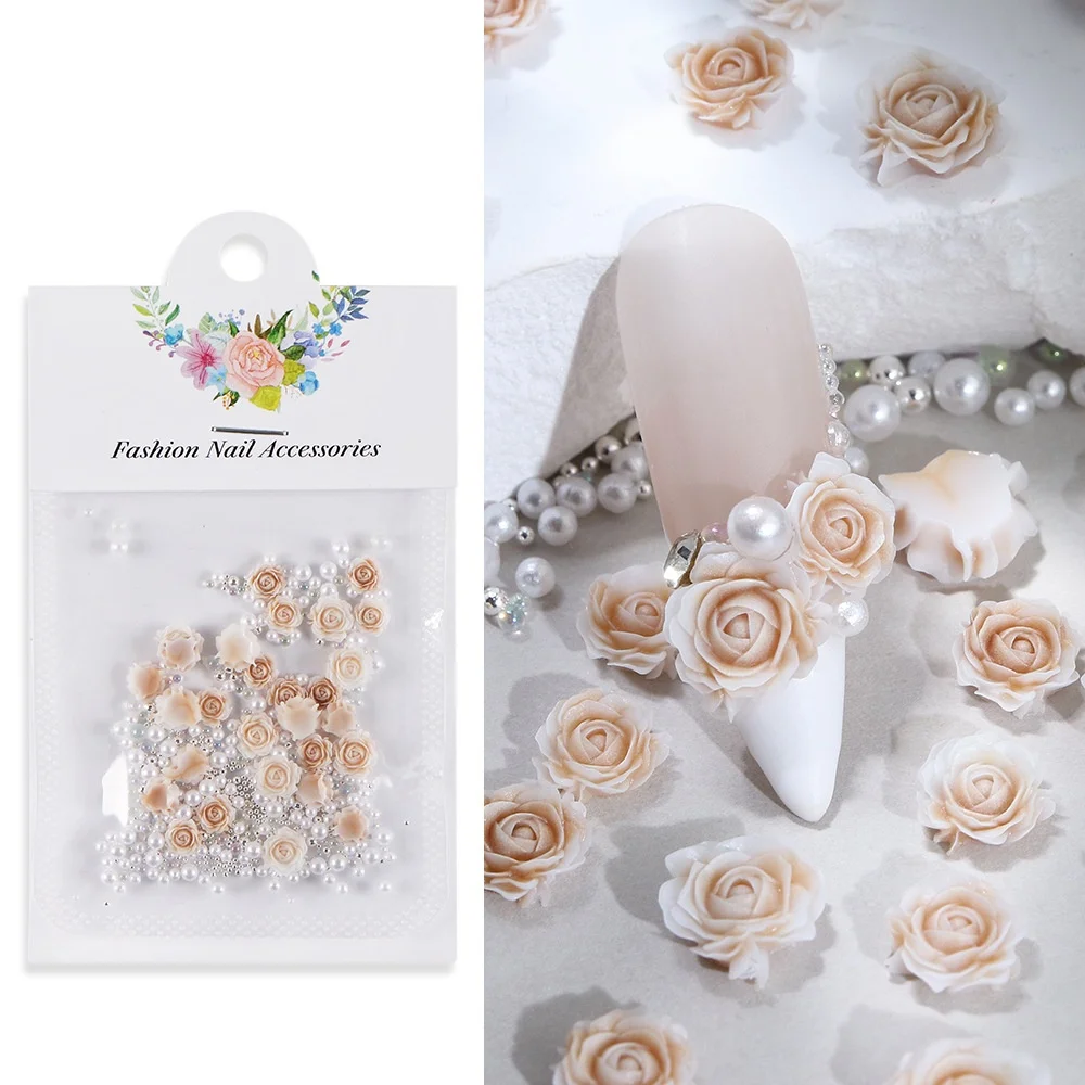 30-Piece Pink Rose 3D Nail Rhinestone and Pearl Charms Set