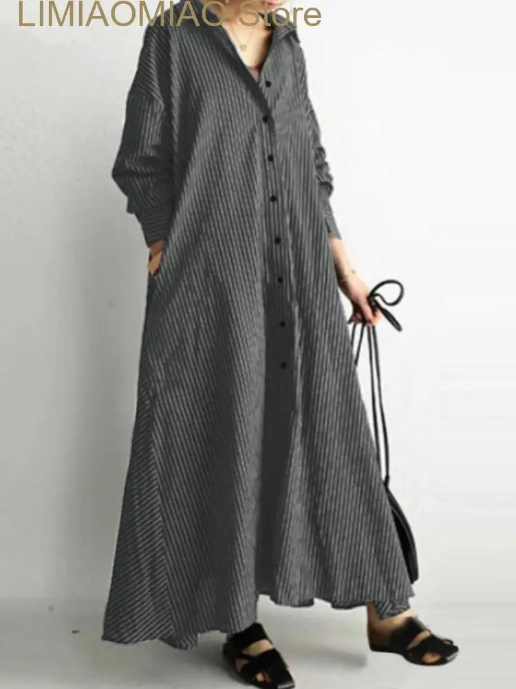 

New Dresses for Women Cotton Linen Stripe Lapel Single Breasted Long Sleeve Pocket Casual Long Loose Shirt Dress for Women Robe