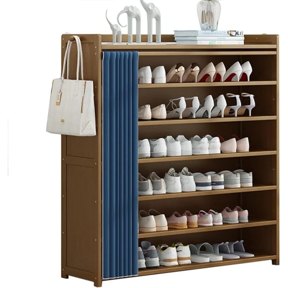 Bamboo Shoe Rack with Door Curtain, Portable Shoe Storage Organiser with 2 Hooks Heightened Bottom Easy Assembly Shelf Organiser