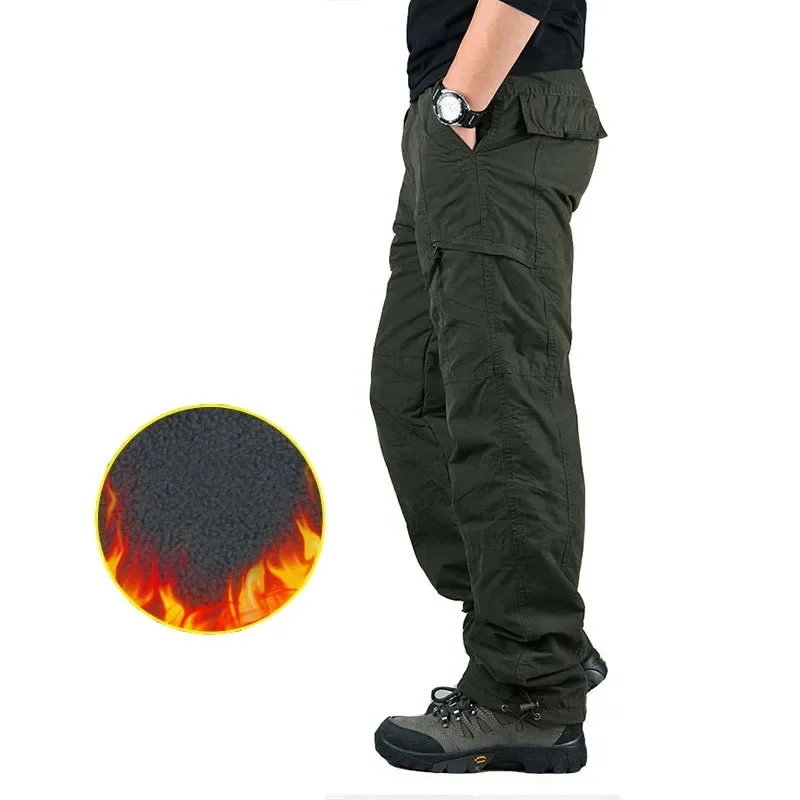 Men's Winter Thick Warm Military Cargo Pants Double Layer Fleece Overalls Casual Cotton Rip-Stop Tactical Baggy Thermal Trousers