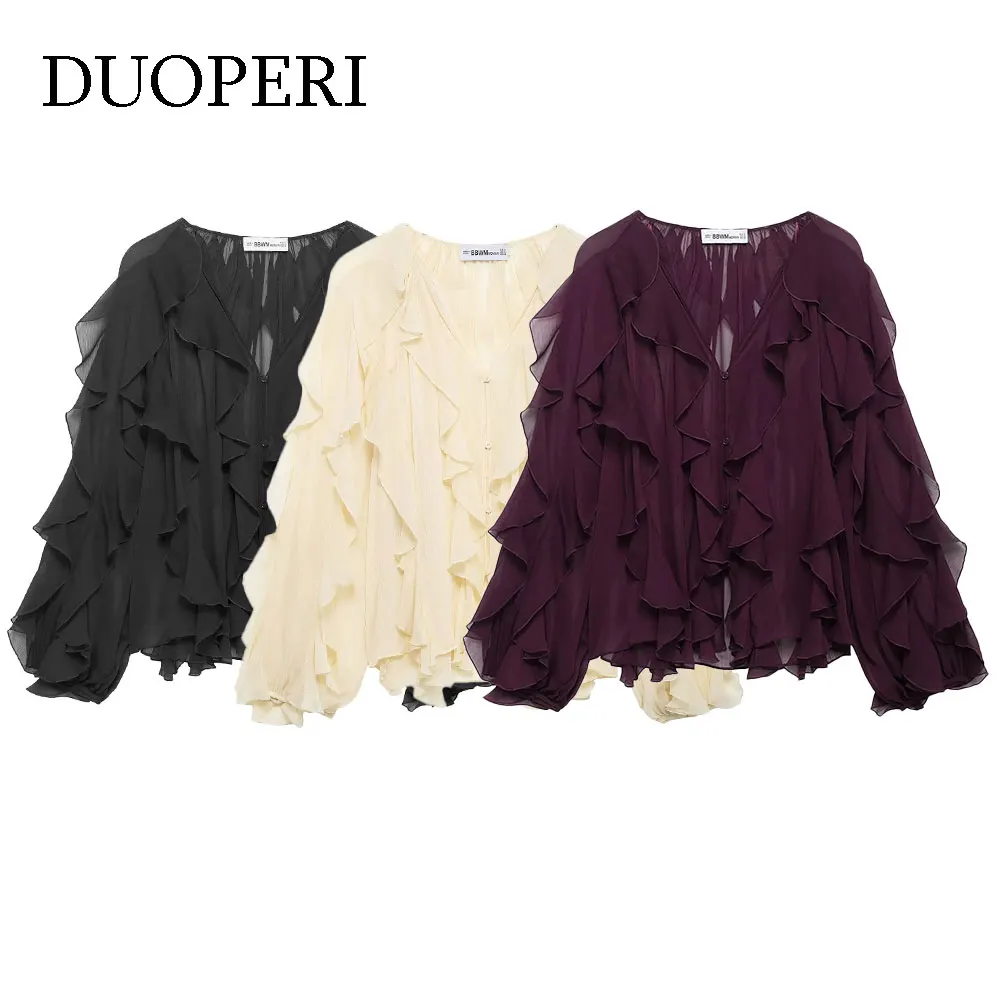 847289-b38581.jpg DUOPERI Women Fashion Solid Ruffled Blouse Vintage V-Neck Long Sleeves Female Chic Lady Shirts - Image 1