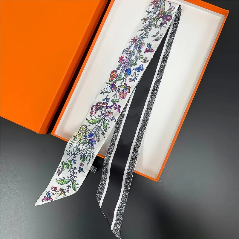 Vielseitiges Schmetterlings-Blumenmuster-Design, modisches langes Seidenband, kleiner Seidenschal, Foulard, Haar- und Halstuch, Stirnband für Damen – Detail 7