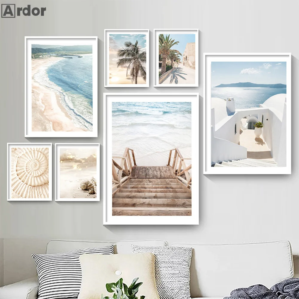 

Summer Blue Sea Art Painting Beach Wave Canvas Poster Bridge Wall Art Print Palm Tree Posters Nordic Wall Pictures Bedroom Decor