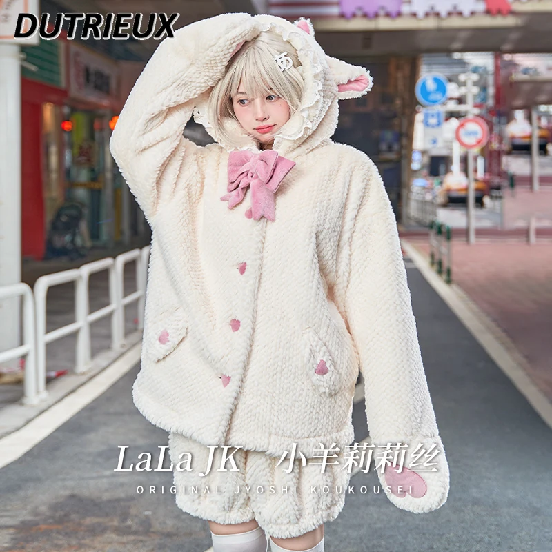 

Autumn and Winter Fleece-lined Thick Jacket Loose Ladies' Warm Coat Fitting Hoodie Sweet Cute Bow Quilted Coat for Women