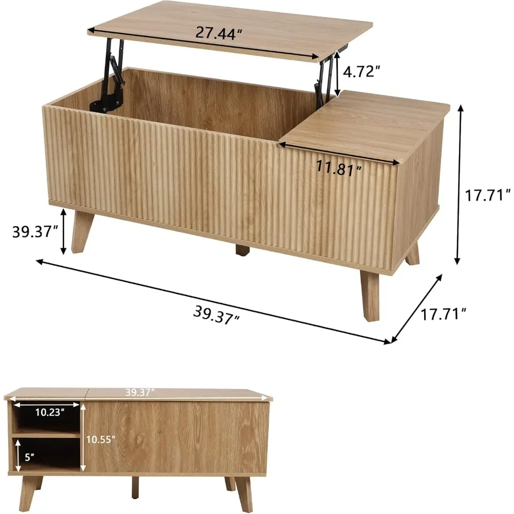 Wooden Fluted Lift Top Coffee Table with Hidden Compartment, Modern Rectangle Center Tables with Adjustable Storage Shelf, Lift 2