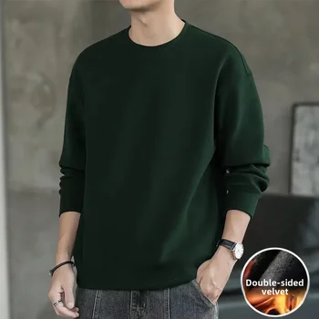 Double-sided Fleece Long Sleeve T-shirt For Men Autumn Winter New Style Round Neck Loose-fit Top Inner Warm Base Layer 4