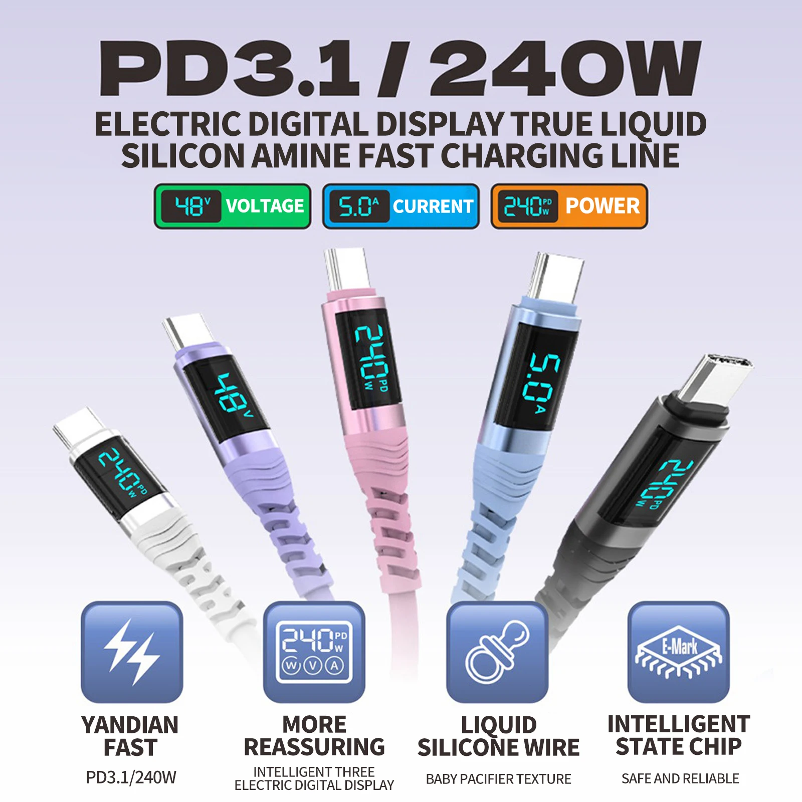 High-Power 240W USB-C Charging Cable with Smart LED Display and E-Marker Chip