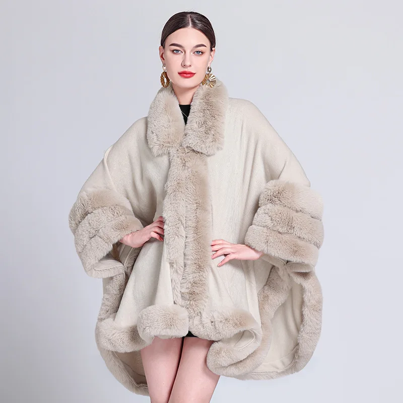 8 Colors Autumn Winter Three Circles Faux Fur Poncho Cloak Turn-down Neck Big Pendulum Loose Cape Out Streetwear Long Coat