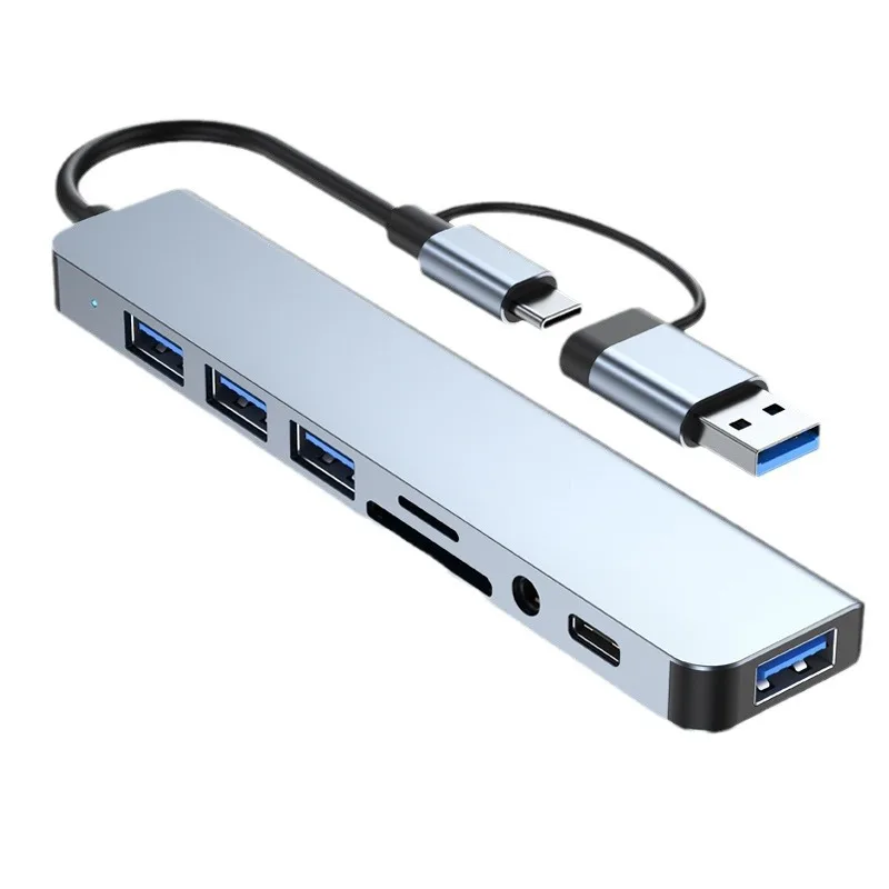תחנת עגינה 8 ב-2 USB + Type C HUB עם מתאם Jack Audio 3.5mm קורא כרטיסי Micro SD למחשב נייד טאבלט טלפון דיסק ממיר