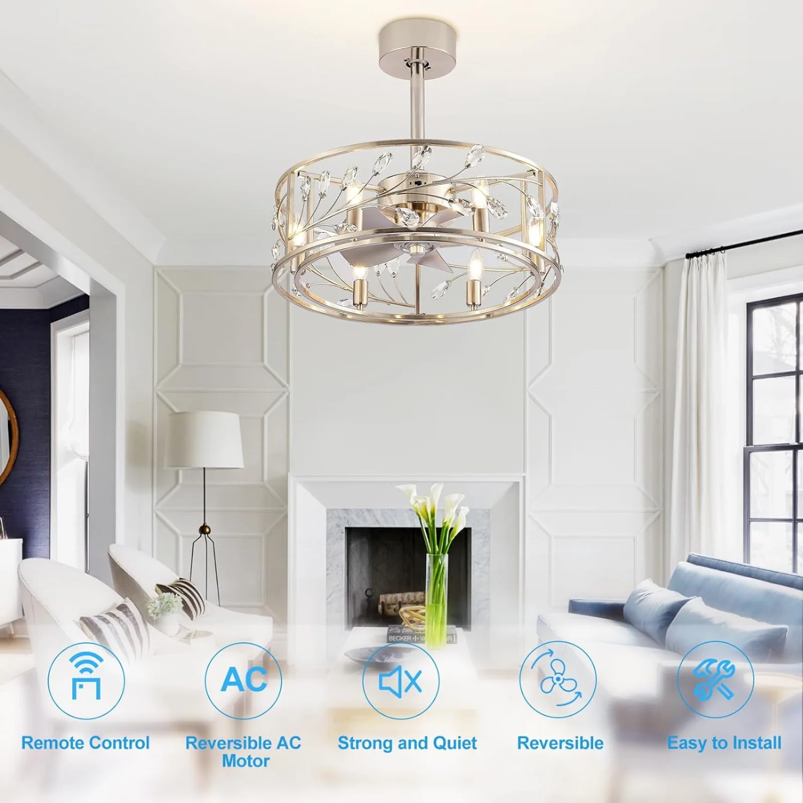 

US 20 Inch Caged Ceiling Fan with Light and Remote, Quiet Reversible AC Motor, 5 ABS Blades, Modern Industrial Crystal Low