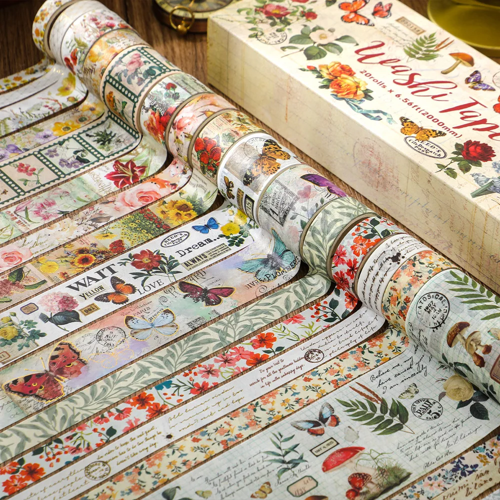 20롤 세트 - 빈티지 식물, 나비, 꽃, 종이 테이프 선물 상자, 플래너 재료 D..