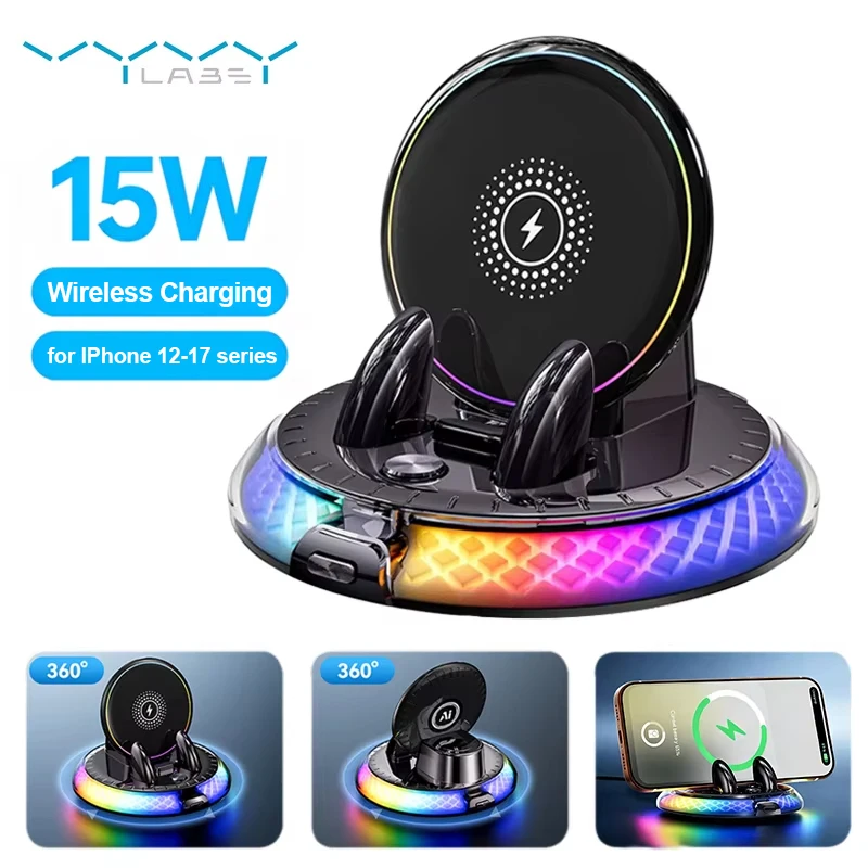 Vyvylabs 15W RGB Magnetic Wireless Charger & Phone Holder with Fast Charging Dock
