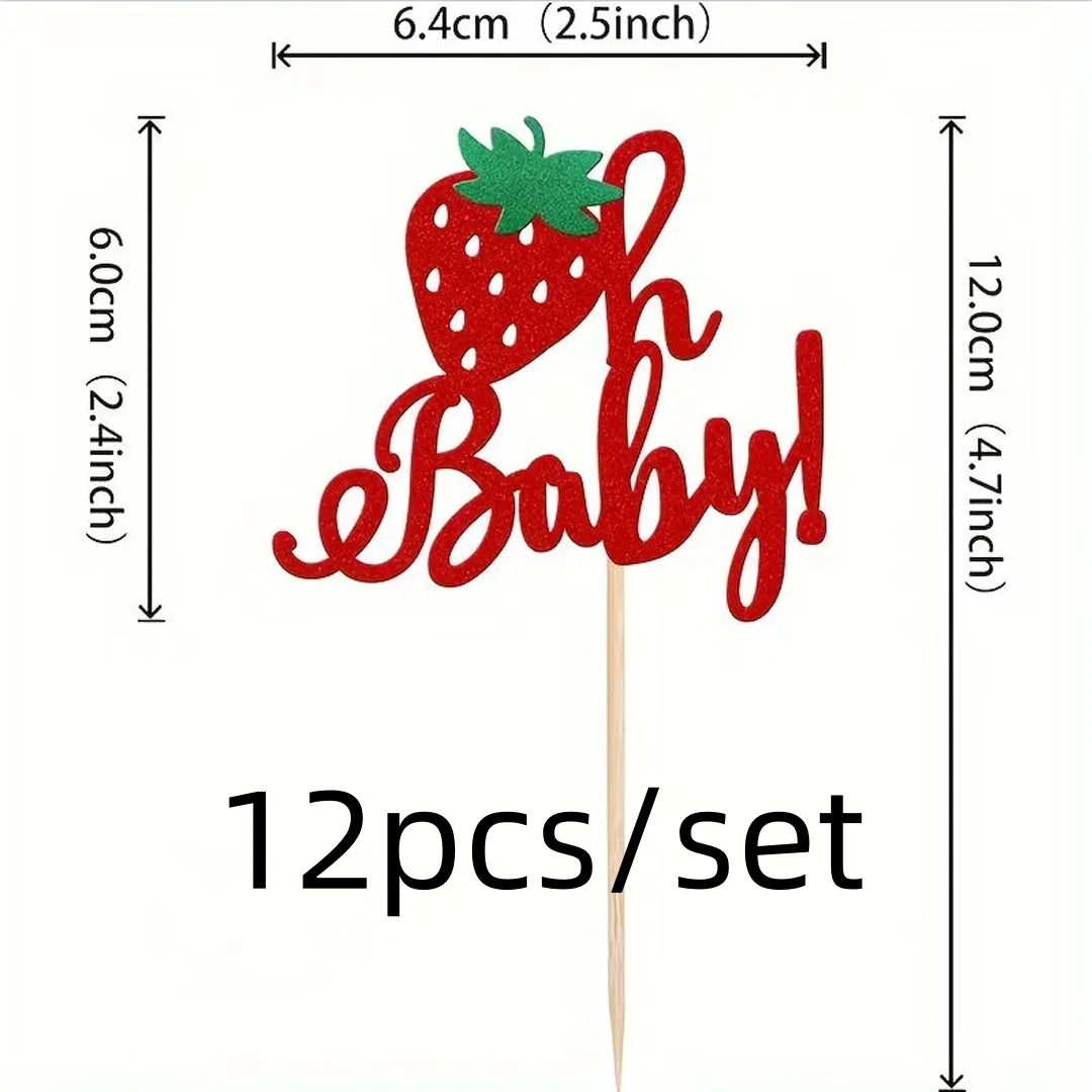 Strawberry cake topper Flags Happy Birthday party decorations Cupcake Toppers kids 1st Birthday Party Baby Shower Cake Baking Decor