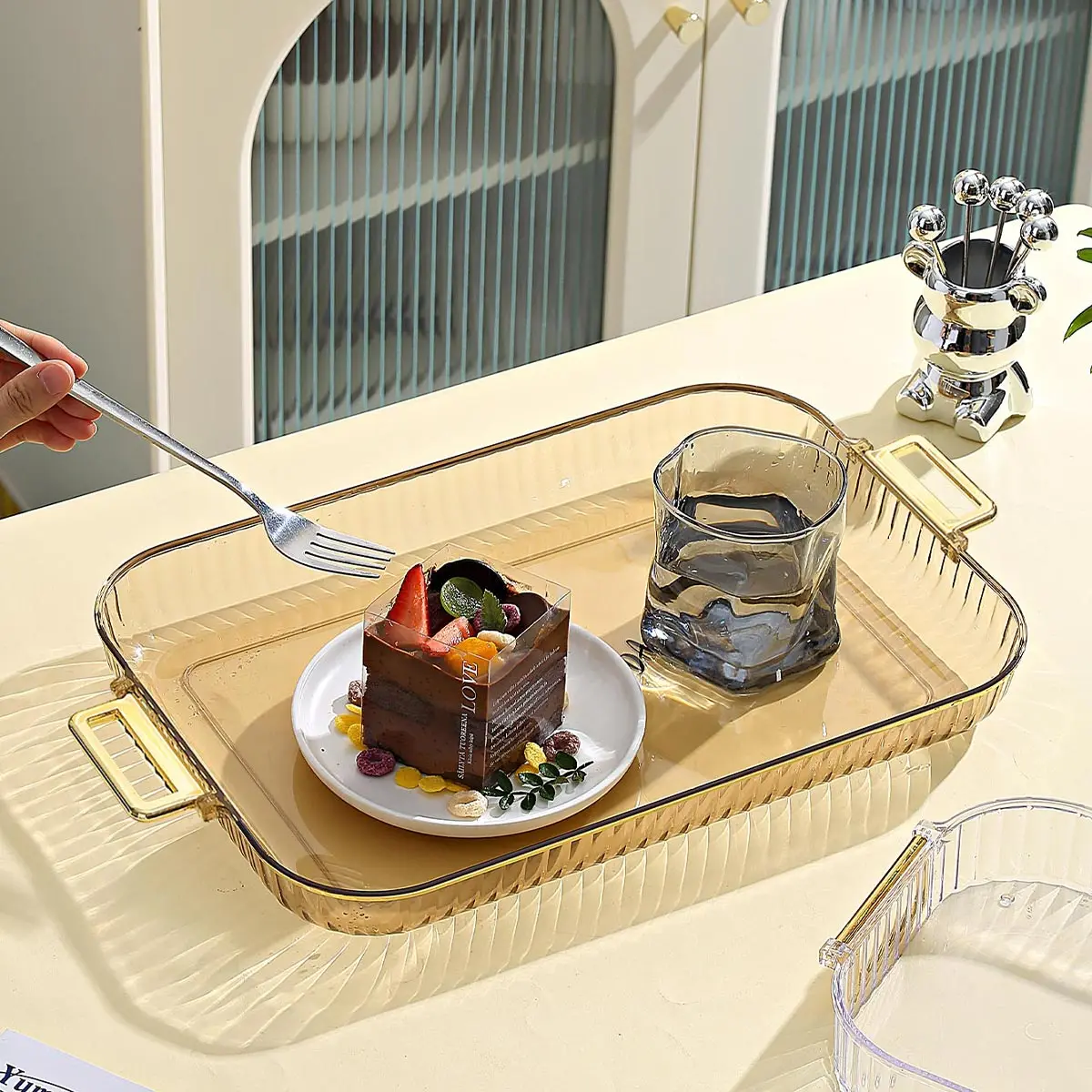 Rectangular Storage Tray With Handle Plastic Serving Tray Living Room Transparent Teapot Teacup Storage Plate