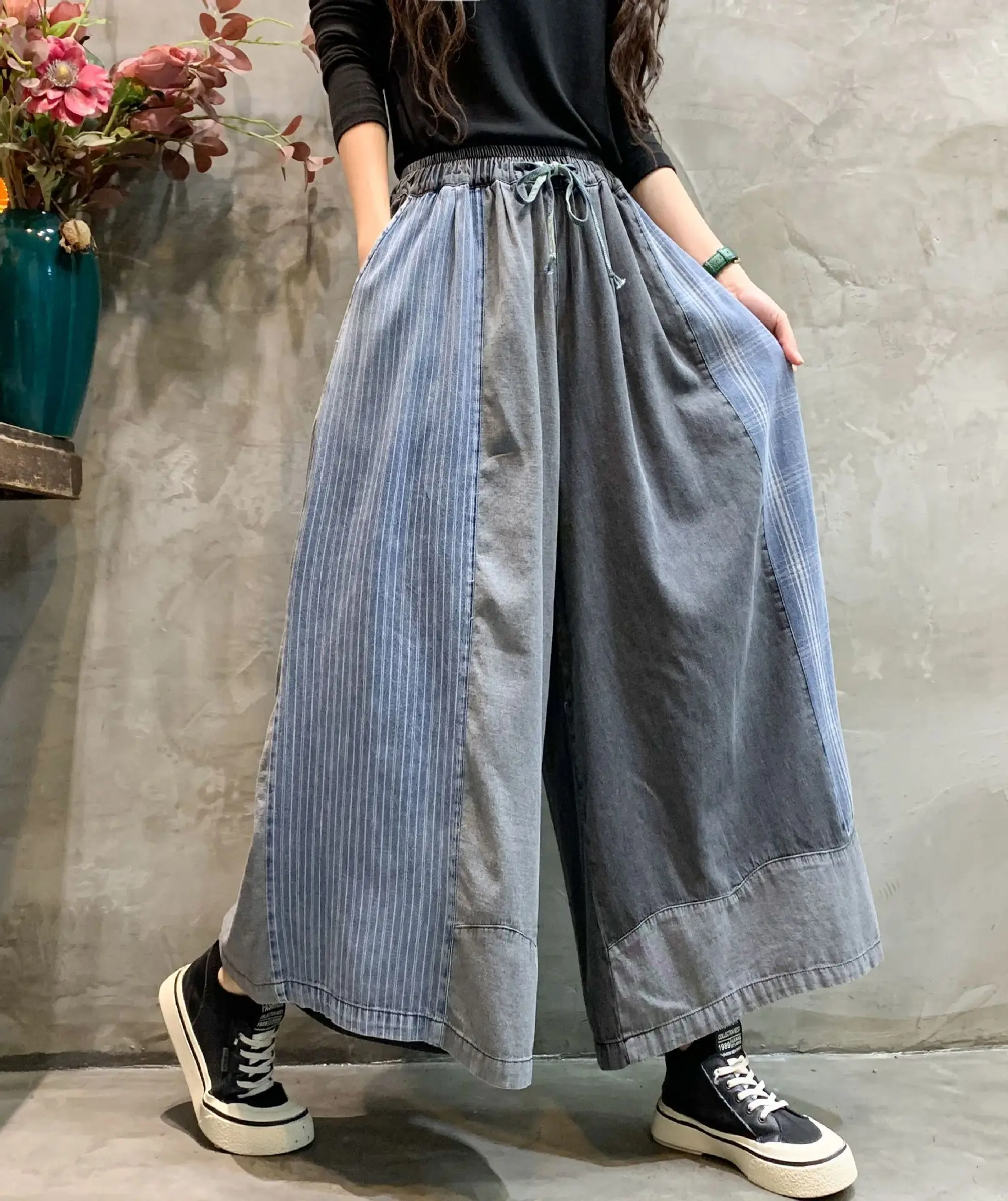 [EWQ] Patchwork Drawstring Jeans Pants For Women Streetwear High Waist Contrast Wide Leg Trousers Spring 2024 Autumn New Y6664