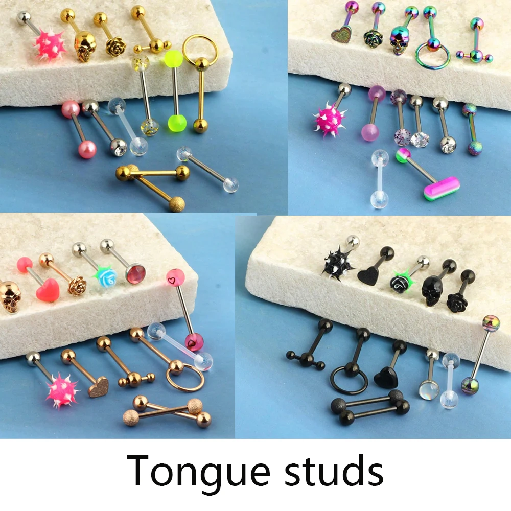 13pcs Stainless Steel Heart Shaped Tongue Ring Barbell Tongue Piercing Cute Bar Ear Tragus Studs Labret Piercing Body Jewelry