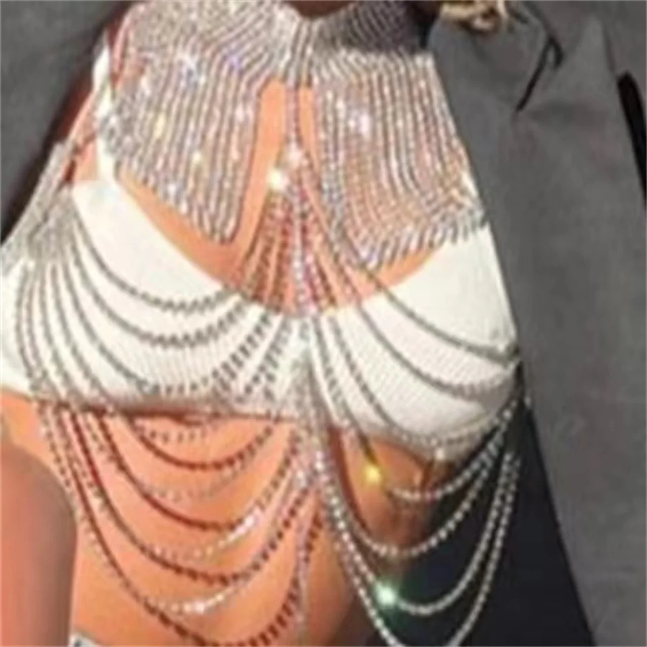 Women's sexy body jewelry luxury shiny Rhinestone shawl Necklace chest chain crystal bra chain tassel bikini chest chain jewelry