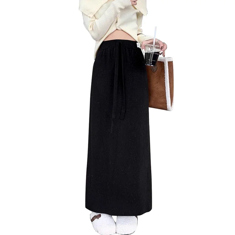 Korean Style Maternity Knitted Skirts Drawstring Waist Back Split Pregnant Woman Straight Skirt Adjustable Waist Pregnancy Skirt