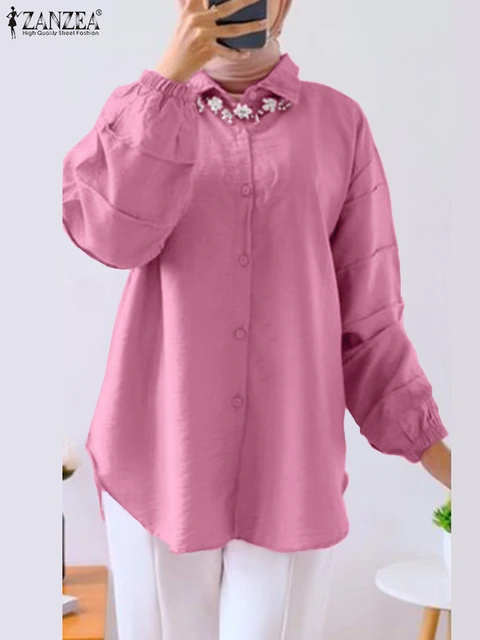 ZANZEA Muslim Hijab Blouse Islamic Clothing Women Long Sleeve Lapel Neck Shirt Turkey Tops Loose Ramadan Abaya Dubai Kaftan 3