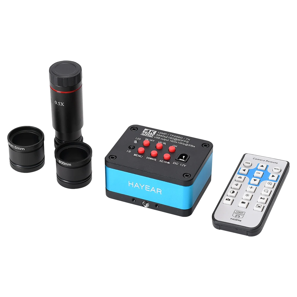 Hayear 4K 12MP 60fps HD HDMI USB 산업용 카메라 TF 카드 디지털 비디오 현미경(0.5X 접안렌즈 어댑터 30mm/30.5m 링 포함)