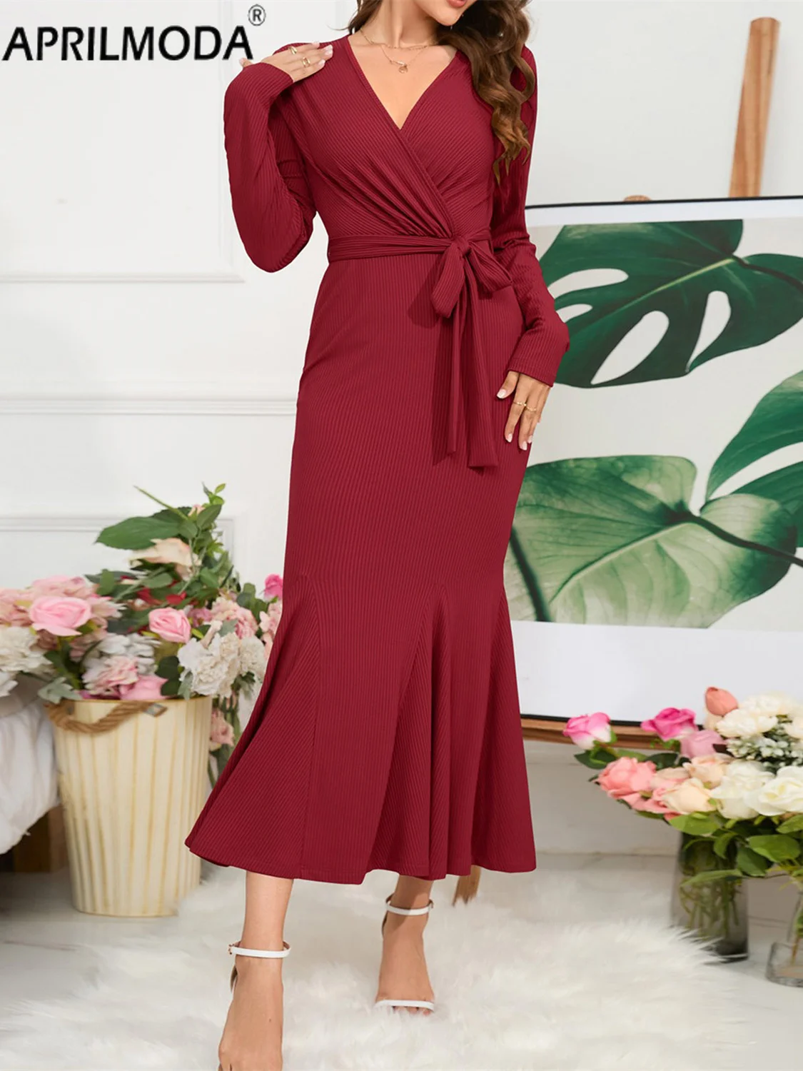 

2024 Long Sleeve Mermaid Knitting Women Casual Dress Elegant Solid V Neck Office OL Sheath Slim Maxi Party Bodycon Dresses