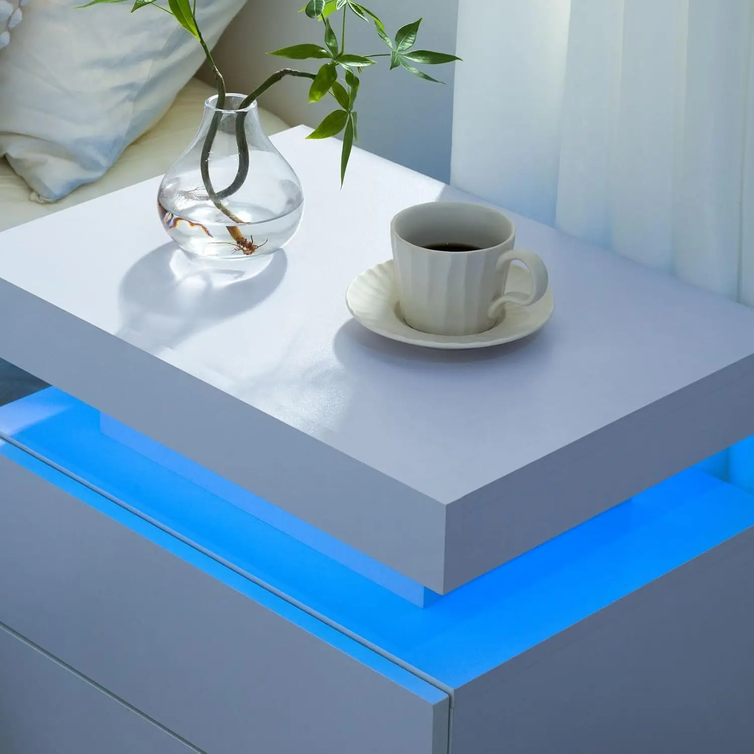 Nightstand LED Bedside Table for Bedroom Modern Night Stand with 2 Wood Drawers End Side Table for Bedroom