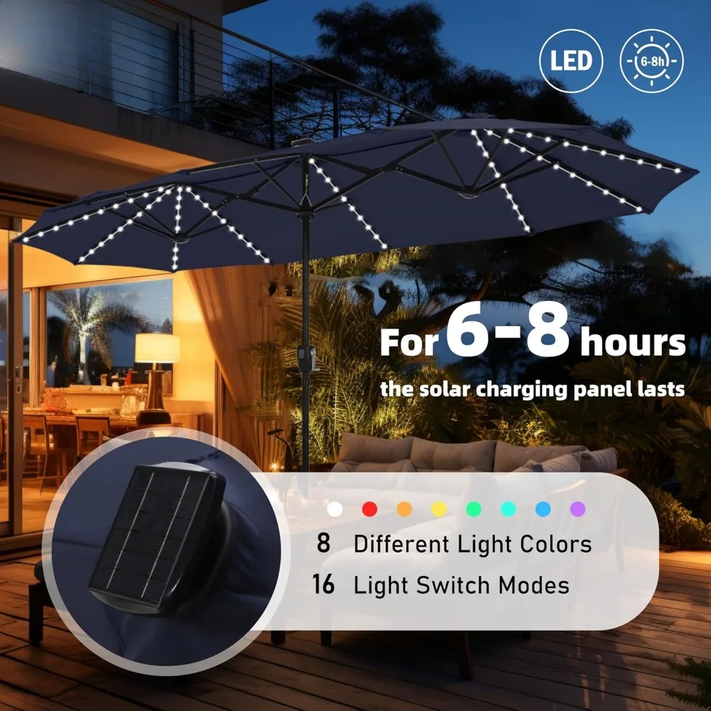 13FT Double-Sided Patio Umbrella with Solar Lights, Outdoor Table Rectangular Umbrellas with 120 LED Lights, Hand Crankf or Lawn 3