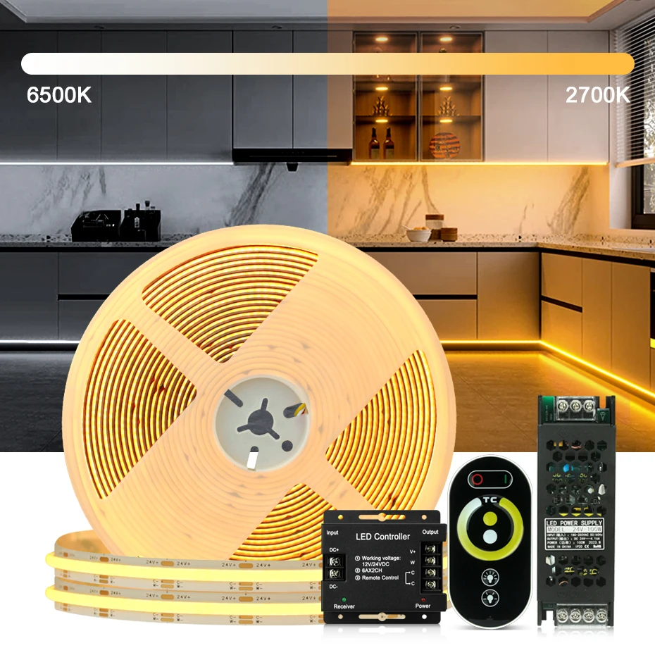 

Super Bright CCT COB LED Strip Light DC 24V 2700K to 6000K Dimmable Led Tape 560LEDs/m Flexible Ribbon For DIY Indoor Lighting