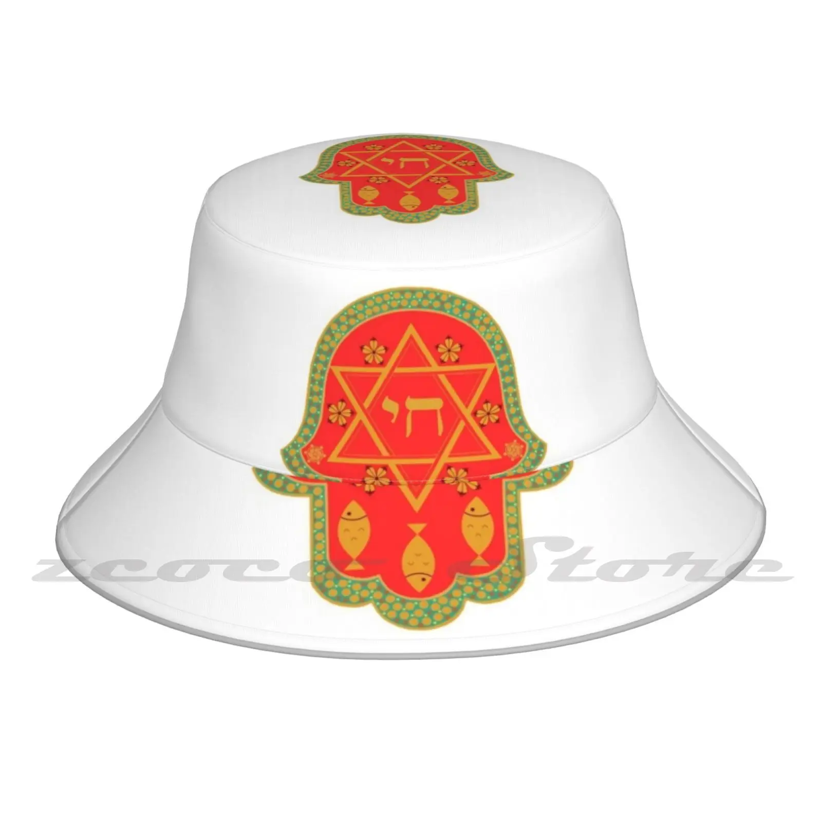 

Hamsa For Blessings And Strength-Gold And Red Cap Diy Foldable Sunshade Fashion Leisure Bucket Hat Hamsa Luck Evil Eye Symbol