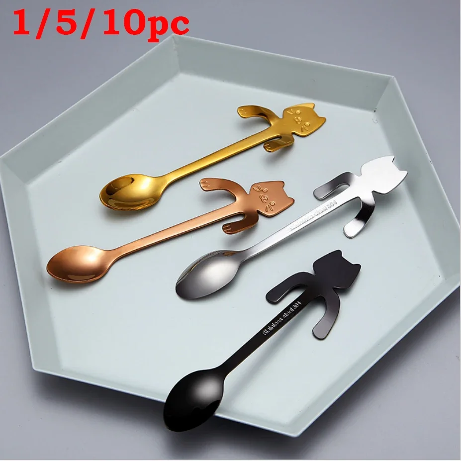 

1/10pc Stainless Steel Cartoon Cat Coffee Dessert Spoon Creative Ice Cream Candy Teaspoon Kitchen Supplies Coffee Drinking Tools